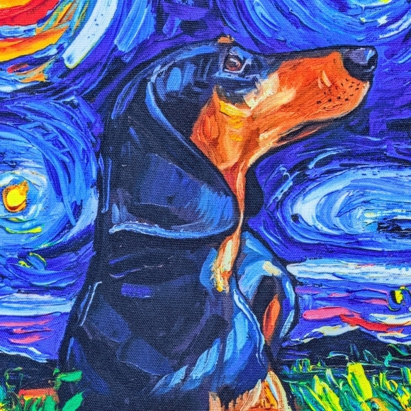 Tote Bag Black Tan Dachshund Night By Aja Trier Poly Poplin Multicolor Print NWT - Picture 2 of 9